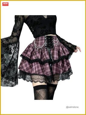 Lace Up Double Layered Ruffled High Waist Goth Punk Skirt for Women